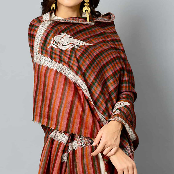 Striped Tilla Embroidered Cashmere Pashmina Ladies Shawl