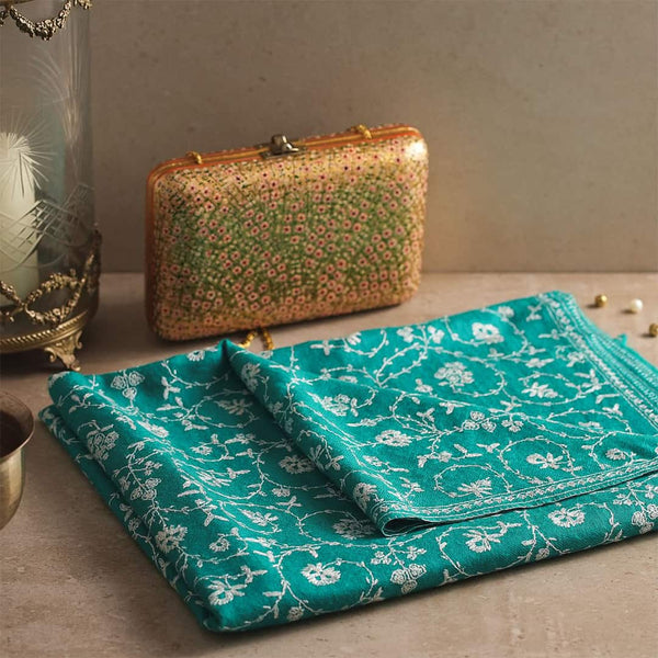 Turquoise Sozni Pashmina stole | Hand Embroidered