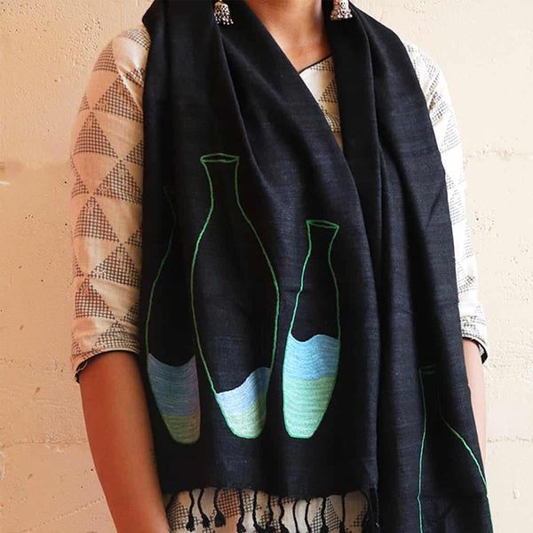 Black Colored Bottle and Water  Embroidered  Silk Stole