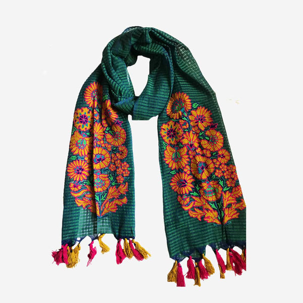 Caribbean Current Colored  Cotton Stole In Traditional Buta Design