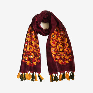 Tasselled Maroon Colored Summer Stole In Traditional Buta Pattern