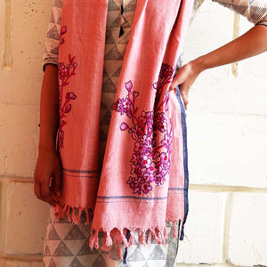 Tasselled Pink Colored Hand Embroidered Summer Stole