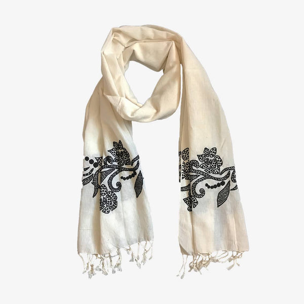 White Colored Rose Patterned Hand Made Cotton Stole
