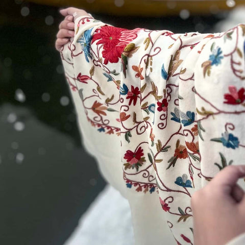 White Aari Winter Stole | Hand Embroidered