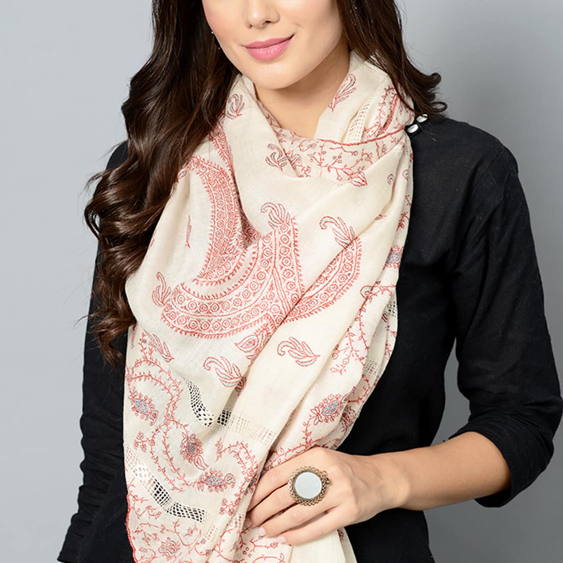 White & Maroon Hand-Embroidered Cashmere Pashmina Stole
