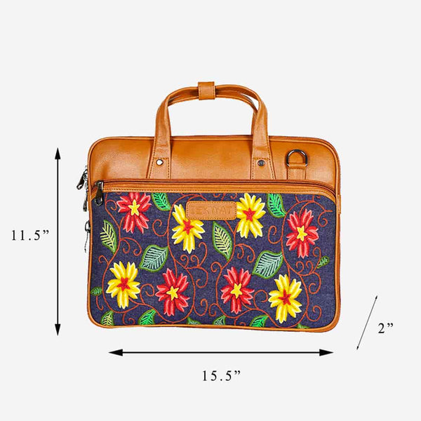 Floral Embroidered Tan Base Ladies Laptop Bag