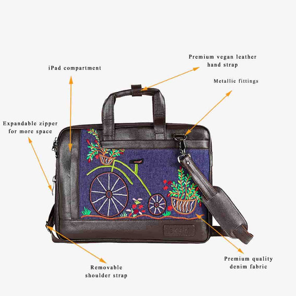 Dark Brown Base Bicycle Embroidered Laptop Bag For Ladies