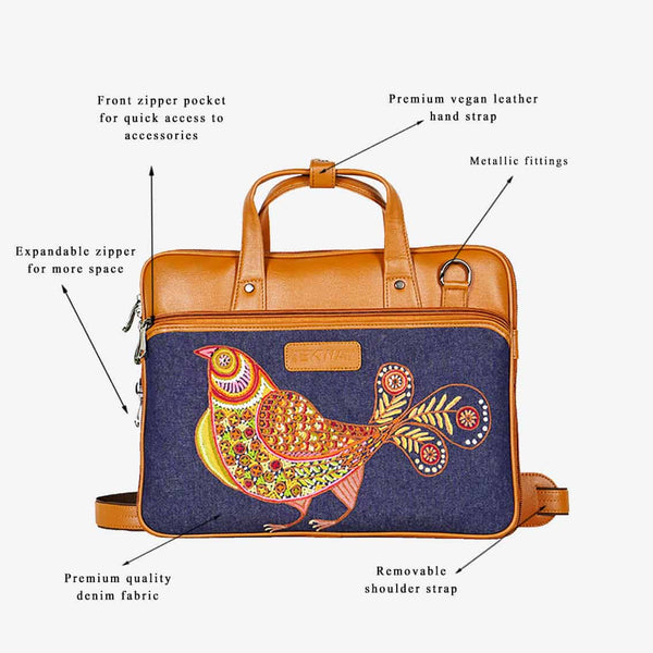 Multicolored Bird Embroidered Tan Base Premium Laptop Bag