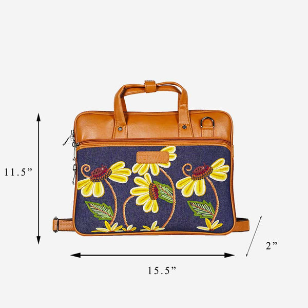 Flowers Embroidered Tan Base Designer Laptop Bag