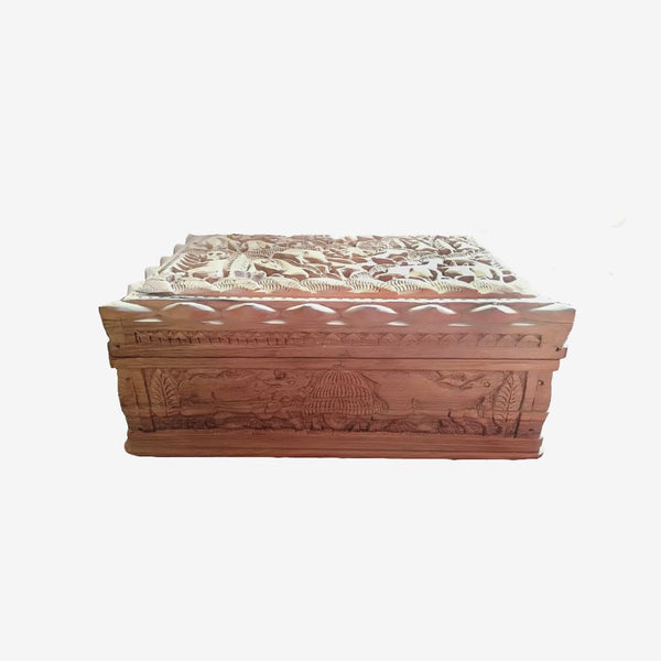 Jungle Carved Walnut Wood Jewellery Box