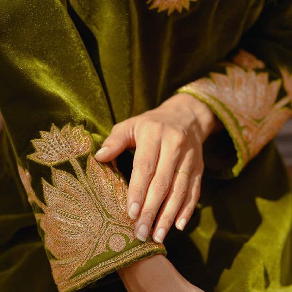 Olive Velvet Kurta Pant Set | Tilla Hand Embroidered