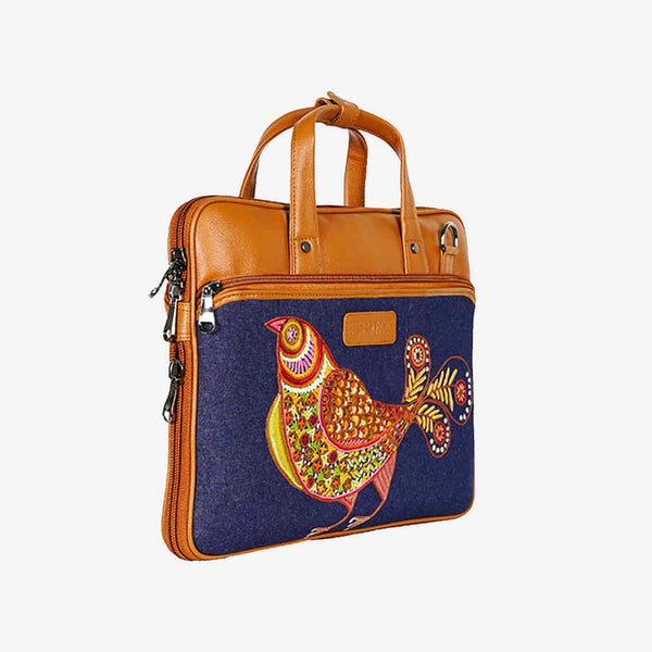 Multicolored Bird Embroidered Tan Base Premium Laptop Bag